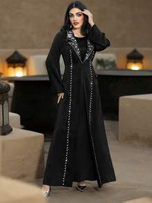 Layrah Rhinestone Embellished Handmade Long Abaya Jacket With Suit Collar Luxury Clothes For Women Sparkly Black Dress For Evening Party - Black - View 7