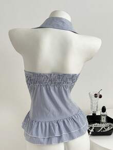 Elamini Blusa de mujer con cuello con volantes, diseño creativo - Azul - Ver 2