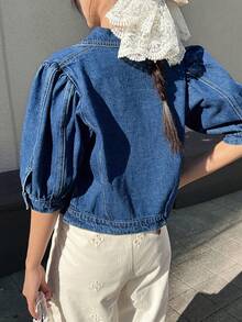 FRIFUL 女士短款泡泡袖单排扣休闲牛仔衬衫 - 藍色 - 查看 2