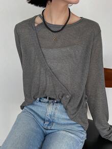 FRIFUL Women's Loose Fit Crew Neck Criss-Cross Wrap Long Sleeve Semi-Sheer T-Shirt, Suitable From Spring To Summer - Black - View 1