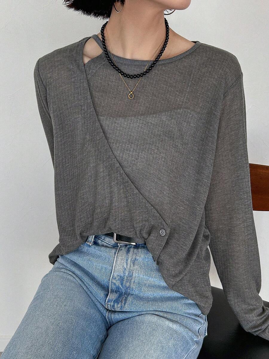 FRIFUL Women's Loose Fit Crew Neck Criss-Cross Wrap Long Sleeve Semi-Sheer T-Shirt, Suitable From Spring To Summer - Black - View 1