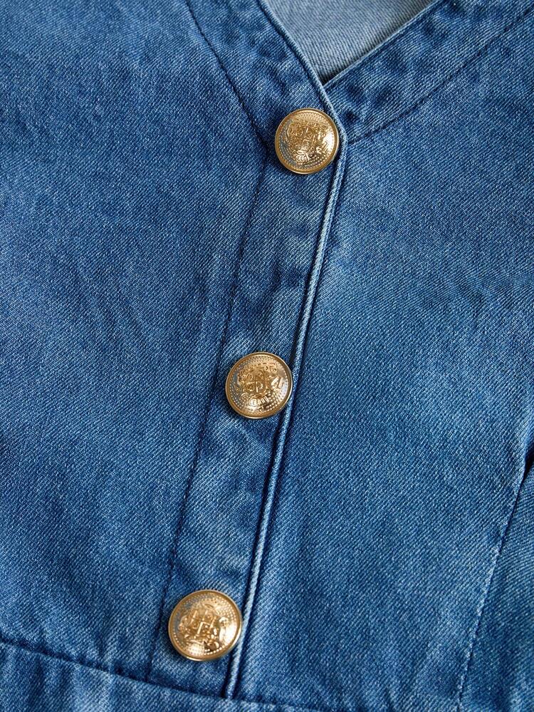 GlowEve Women's Color Block V-Neck Button Ruffle Hem Long Sleeve Denim Dress - Blue - View 4