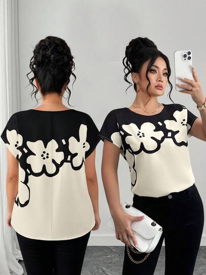 Elenzga Plus Size Women's Minimalist Placement Print Short Sleeve Pullover Shirt, Spring/Summer