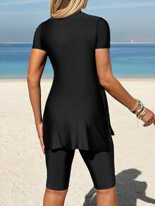 Swim Mulvari Bộ đồ bơi nữ mùa hè mới, cổ tròn, tay ngắn, thắt eo bên hông, xẻ tà, kèm quần short, màu đen, kiểu dáng thường ngày, thích hợp cho kỳ nghỉ hoặc đi biển. - màu đen - Xem 2