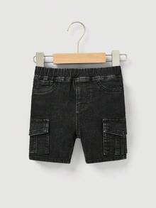 SHEIN 男婴春夏水洗翻盖口袋侧松紧腰工装牛仔短裤，男婴夏季下装套装 - 黑色 - 查看 1