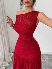 Elenzga 新款女士斜肩蕾丝针织连衣裙，带衬里，年轻优雅，适合情人节、圣诞节、派对等场合，修身百搭长裙 - 紅色 - 查看 6