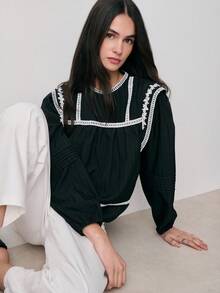 Nöista Black Blouse Features Intricate White Lace Detailing Along The Yoke, Long Sleeves, And Hem. Boho, Spring, Summer, Easter. - Black - View 1