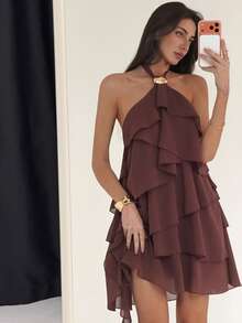 Aloruh 女士甜美多层荷叶边露背系带露脐迷你连衣裙 - 咖啡 - 查看 5