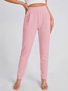 SHEIN Essnce Women's Casual Solid Color Pleated Pocket Pants - Pink - View 4