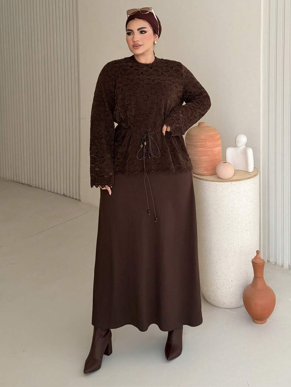 Dazy Plus Plus Size Women Autumn Elastic Fitted Sleeveless Long Knit Dress&Crew Neck Lace Long Sleeve Pullover