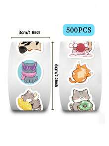 500pcs/Set Roll Stickers, Cartoon Cat Washi Tape, Journaling Material, Envelope Sealing Stickers - Multicolor - View 8