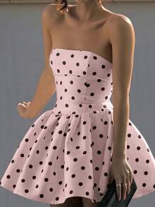 White Polka Dot Print Cropped Halter Butterfly Back Ruched Waist A-Line Short Dress - Baby Pink - View 3