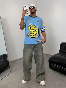 SpongeBob SquarePants | SHEIN Camiseta de manga corta con cuello redondo con estampado de letras y dibujos animados para hombres - Blanco - Ver 10