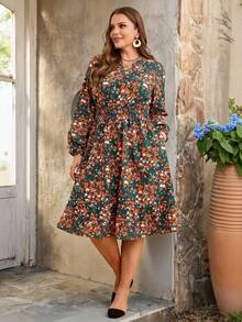 EMERY ROSE 大码女式V领长袖休闲连衣裙，秋季 - 黑色 - 查看 1