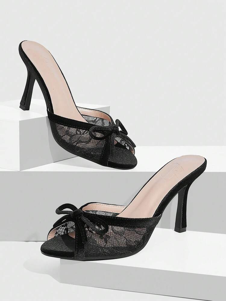 CUCCOO SZL Women Contrast Lace Bow Decor Peep Toe Heeled Sandals Valentine's Day