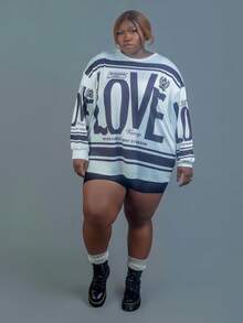 CurvyTilda Casual Street American Retro New Style Round Neck Off-Shoulder Letter English Logo Printed Long-Sleeved Super Loose T-Shirt Skirt Apricot Bottom Green Flower Women's T-Shirt-AIn Fall/Winter - Black and White - View 5