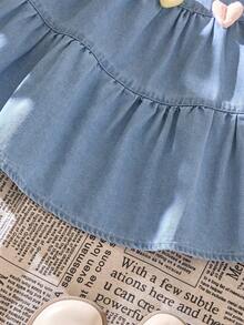 Baby Girl Floral Print Loose Denim Dress With Ruffle Hem And Flutter Sleeves, Light Blue Washed Denim, Spring/Summer New Arrival - Medium Wash - View 5