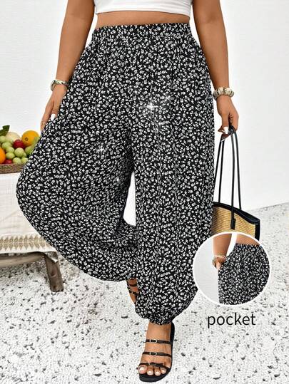 SHEIN Frenchy Plus Size Women's Ditsy Floral Casual Versatile Commuting Tapered Pants For Beach Vacation Boho Pants