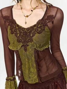 ROMWE Fairycore 仙女风蕾丝拼接荷叶边长袖修身女式上衣 - 棕色 - 查看 2