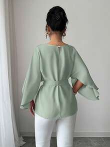 Selianne Blusa roja brillante con cuello redondo francés, mangas de murciélago y cintura con lazo para mujer, para primavera/verano - verde menta - Ver 2