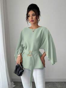 Selianne Blusa roja brillante con cuello redondo francés, mangas de murciélago y cintura con lazo para mujer, para primavera/verano - verde menta - Ver 4