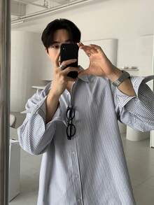 DAZY 男士休闲日常前扣条纹长袖衬衫，春夏款 - 彩色 - 查看 4