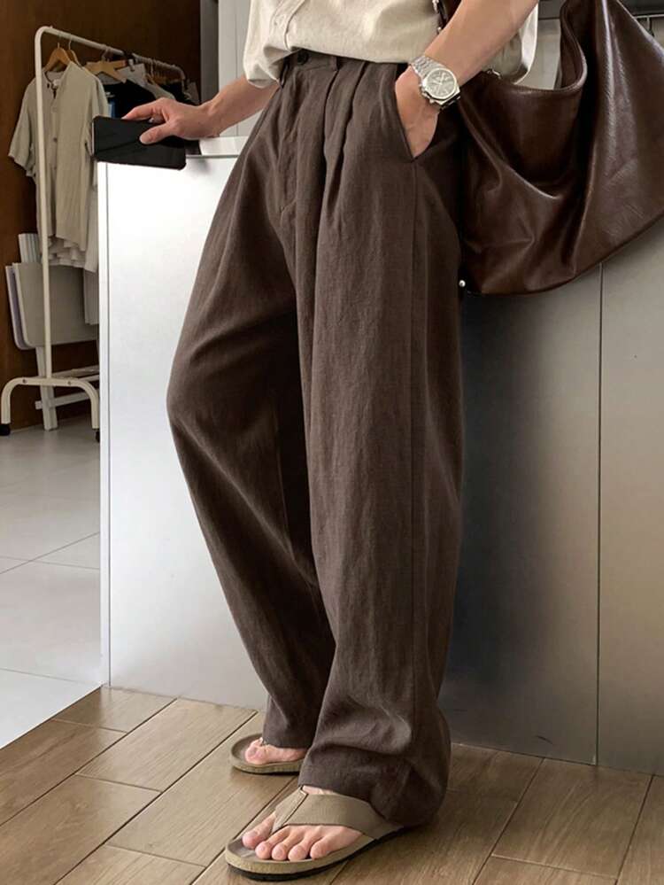 Men's Solid Brown Elastic Waist Long Pants, Spring/Summer