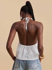 Travachic 2026 New Spring/Summer Sleeveless Lace Trim Embroidered Halter Neck Fitted Blouse, Suitable For Vacation/Casual/Date/Beach/Travel - White - View 3