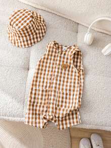 SHEIN LMoss Kids 两件套，含帽子，男女宝宝通用，杏色条纹无袖连体衣短裤和百搭渔夫帽，适合春夏度假旅行。 - 卡其色 - 查看 6