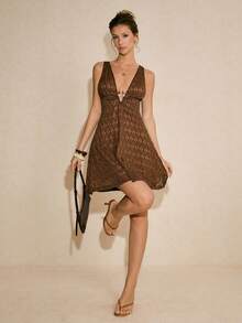 Poéselle 女士纹理深V领无袖迷你连衣裙 - 棕色 - 查看 7