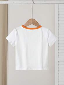 Blippi X SHEIN 女童休闲卡通字母印花T恤，夏季 - 白色 - 查看 2