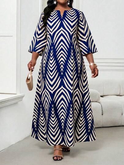 SHEIN Lady Plus Size Women Elegant Notch Neck 3/4 Sleeve Dress Blue And White Dress Women Geometric Print Dress Modest Maxi Dress Maxi Dresses With Sleeve Caftan Dress