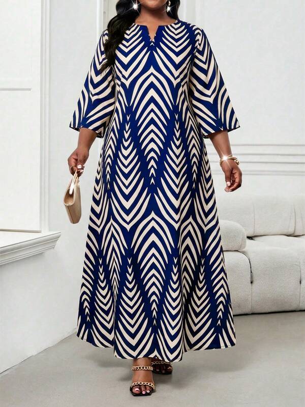 SHEIN Lady Plus Size Women Elegant Notch Neck 3/4 Sleeve Dress