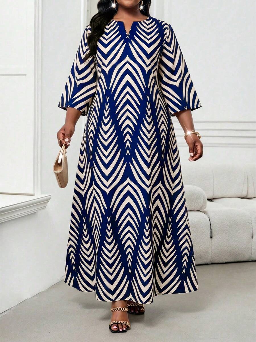 SHEIN Lady Vestido Elegante com Decote em Entalhe e Manga 3/4 para Mulheres Plus Size - Multicolorido - Visão 1