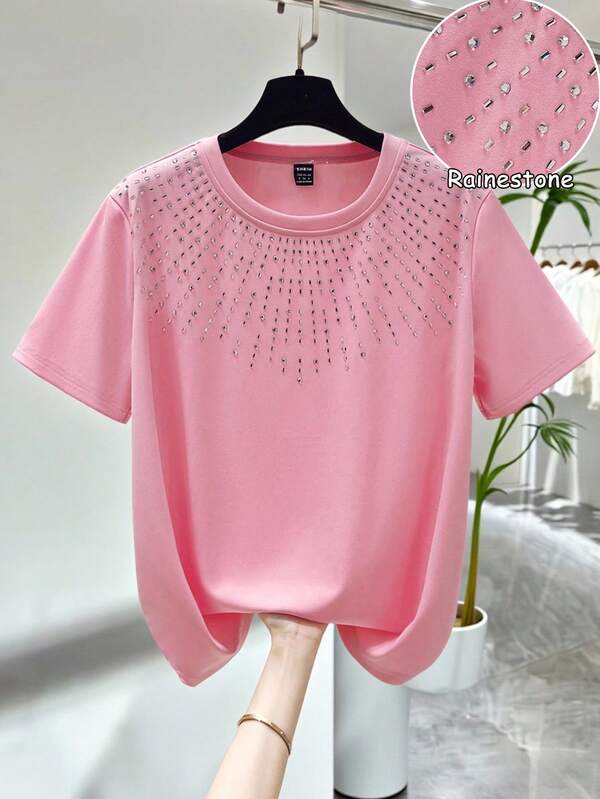 GlowEve Women's Fashionable Elegant Party Highlight Solid Color Sparkling Rhinestone Round Neck Loose Casual T-Shirt
