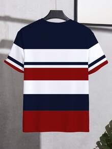 Manfinity Homme Camiseta de cuello redondo de estilo casual de vacaciones con rayas rojas, blancas y azules para hombres - Multicolor - Ver 2