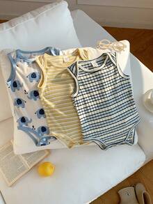SHEIN 3pcs Newborn Baby Unisex Clothes, Cute Knitted Striped Cartoon Elephant Print Rompers, Summer Basic Bodysuit Outfit Set - Multicolor - View 6