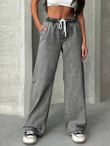 EURMUSE WOMEN Elastic Waist & Belted Cargo Denim JEANS MID WAIST - Grey - View 6