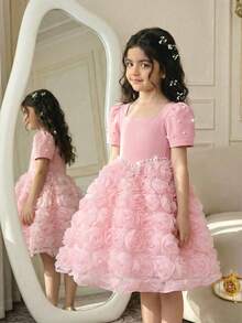 Đầm dệt kim tay phồng kiểu công chúa cho bé gái, cổ áo phối họa tiết, chân váy lưới hoa hồng 3D, thích hợp mặc thường ngày, dự tiệc, đi nghỉ mát, mùa hè. - Hồng - Xem 10