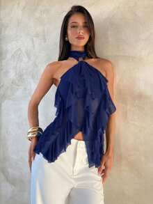 Aloruh Women's Elegant Multi-Layer Ruffle Trim Stand Collar Fitted Tank Top - Navy Blue - View 7