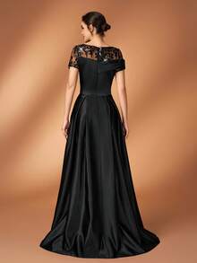 Serin 优雅奢华亮片串珠刺绣蕾丝薄纱袖缎面长裙，适合婚礼、派对、度假、舞会、新娘母亲晚礼服 - 黑色 - 查看 3