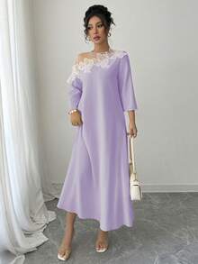 Rafferiza 女士3D立体花卉网纱袖长连衣裙 - 紫色 - 查看 4