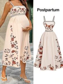 SHEIN Pregnant Women's Floral Print Ruched Elegant Party Dress - Rusty Rose - View 1