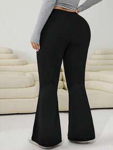 SHEIN Tall CURVE Plus Size Women Casual Solid Color High Waist Flare Leg Pants, Versatile For Daily Commute Plus Size Flare Pants Flared Leggings For Women Plus Size Bell Bottoms Yoga Pants Plus Size Maternity Clothes Maternity Pants,High-Elastic Pants - Black - View 2