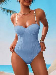 SHEIN X Sofía Suescun Swim Vcay 女士纹理时尚吊带连体泳衣，适合度假 - 淺藍色 - 查看 5