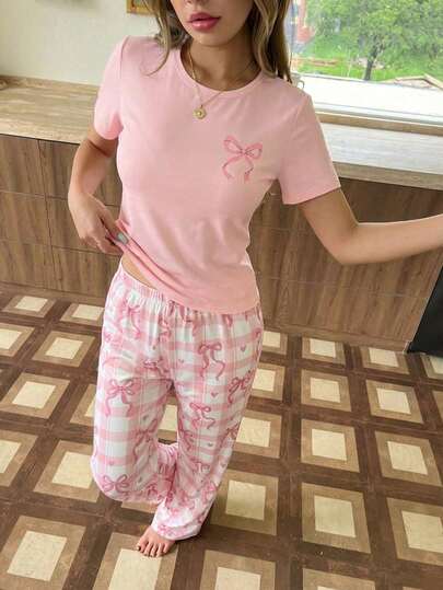 Elladie kids 2pcs/Set Teenage Girls Bow Decor Printed Top And Plaid Shorts Pajama Set, Soft Knit Fabric, Comfortable, Sweet And Elegant Style