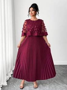 SHEIN PETITE CURVE 大码花卉装饰网纱拼接褶裥下摆连衣裙 - 酒紅色 - 查看 4