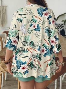 SHEIN VCAY Tropical Floral Print Casual Vintage Leaf Pattern Loose Plus Size 2 Pieces Set, Suitable For Summer Vacation - Multicolor - View 2