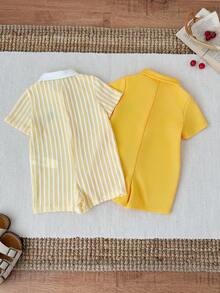 SHEIN 2件套男婴可爱黄色条纹短袖连体衣套装，春夏婴儿服装，黄色婴儿连体衣，夏季婴儿服装 - 黃色 - 查看 2