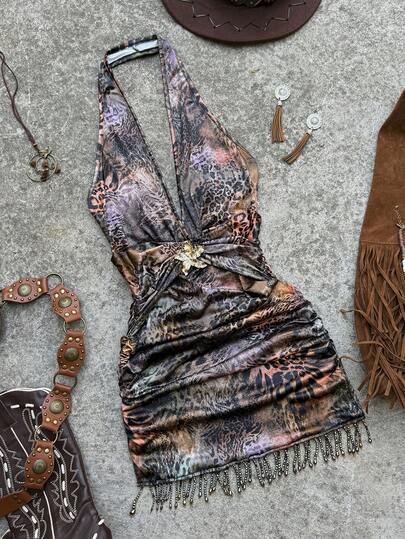 Elamini Summer Casual Vacation Women's Deep V Neck Sexy Leopard Tie Dye Backless Metal Lily Flower Waist Decor Rhinestone Tassel Hem Slit Mini Bodycon Dress, Suitable For Dates, Parties, Gatherings, Boho Beach Resort Deep V Dress Sexy Vacation Dress Ibiza Dress Miami Dress Scarf Dress